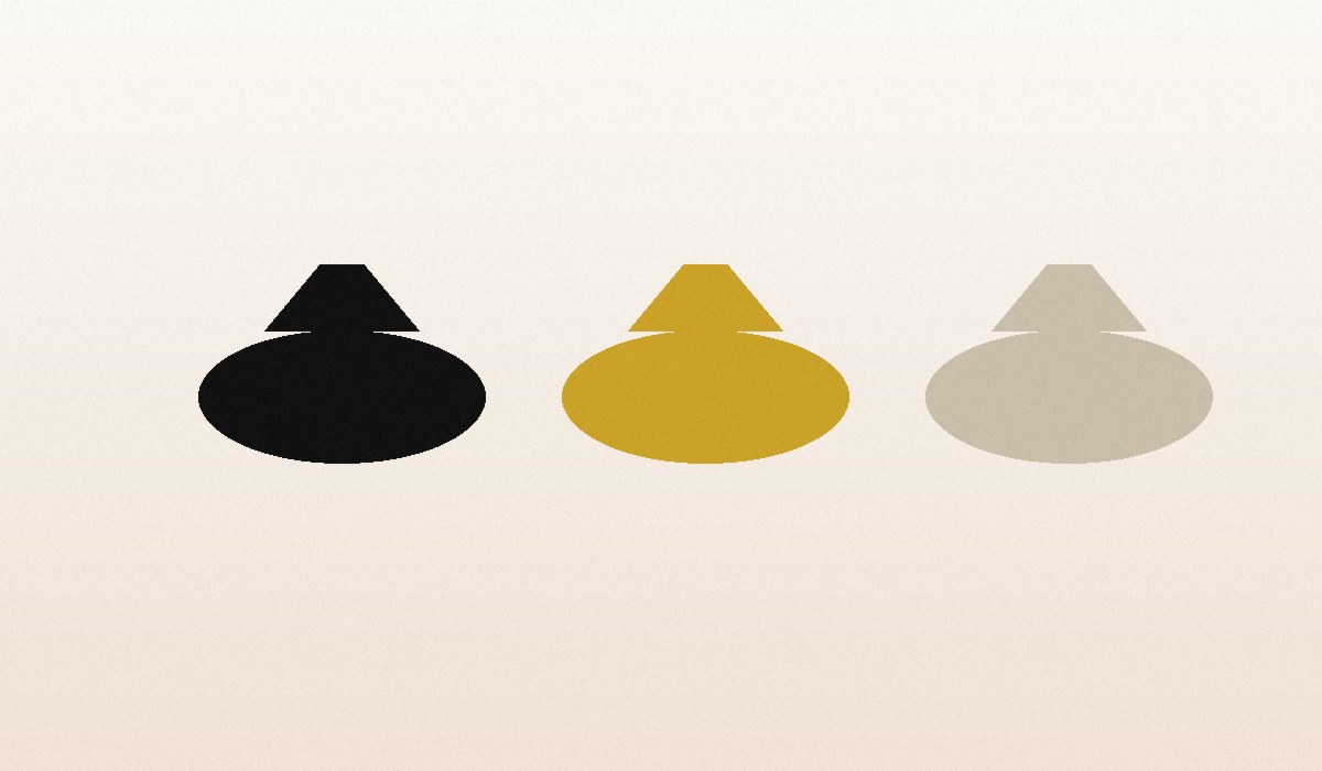 Three flat shoes in black, gold and stone