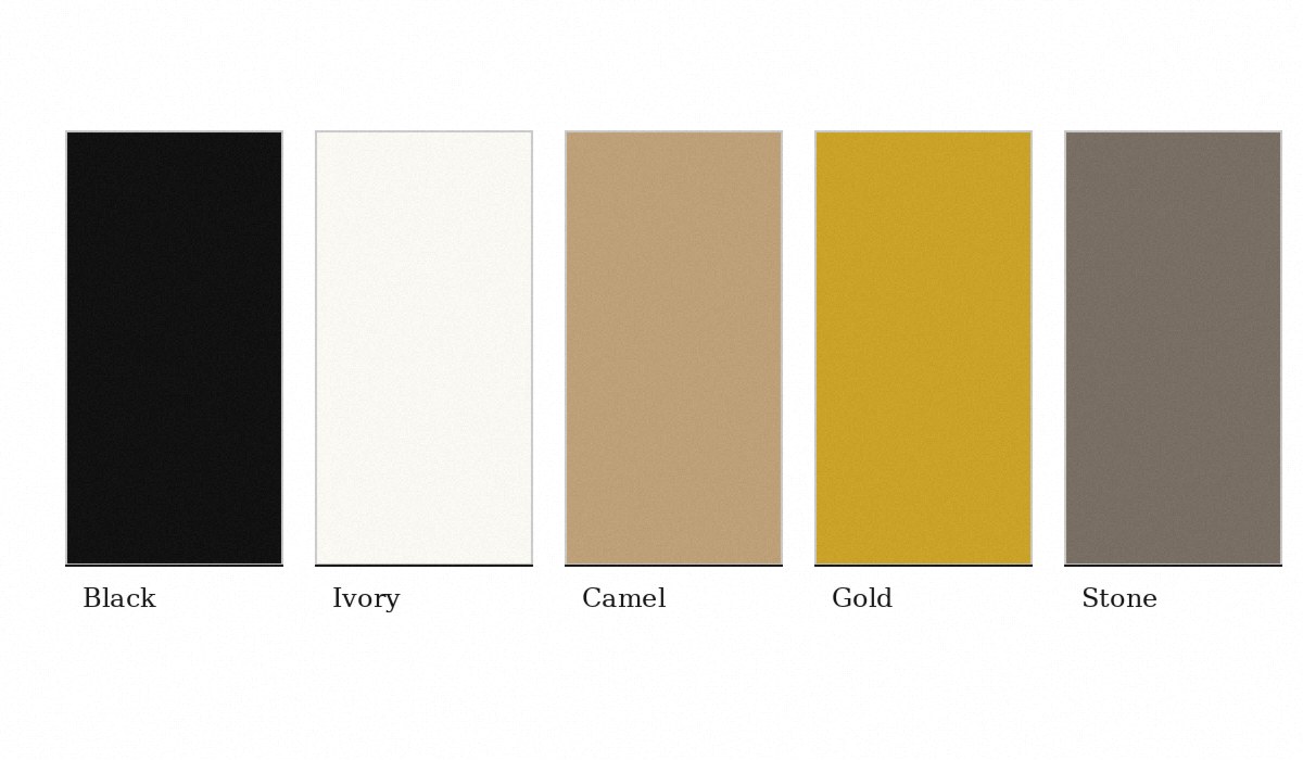 Black, ivory, camel, gold and stone fabric swatches
